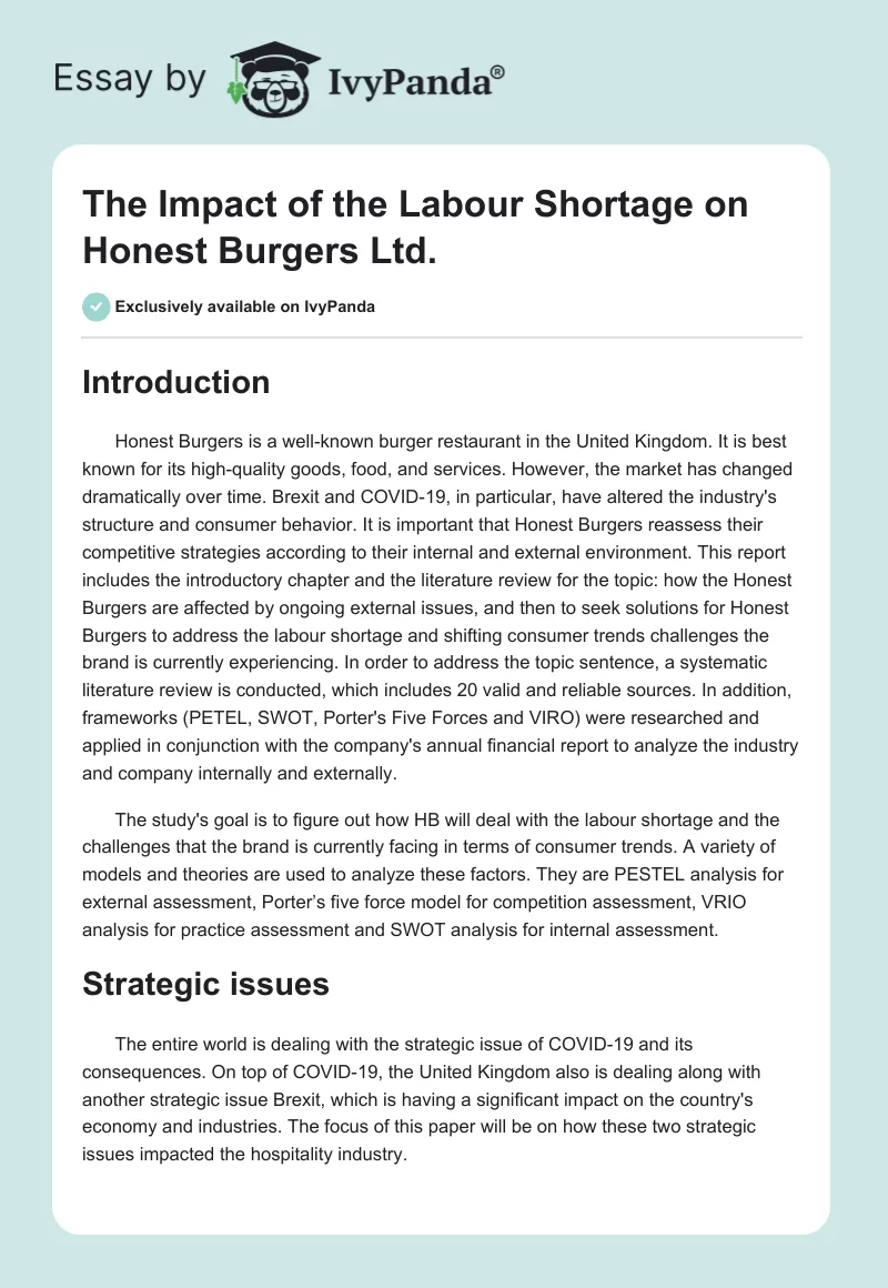 The Impact of the Labour Shortage on Honest Burgers Ltd.. Page 1