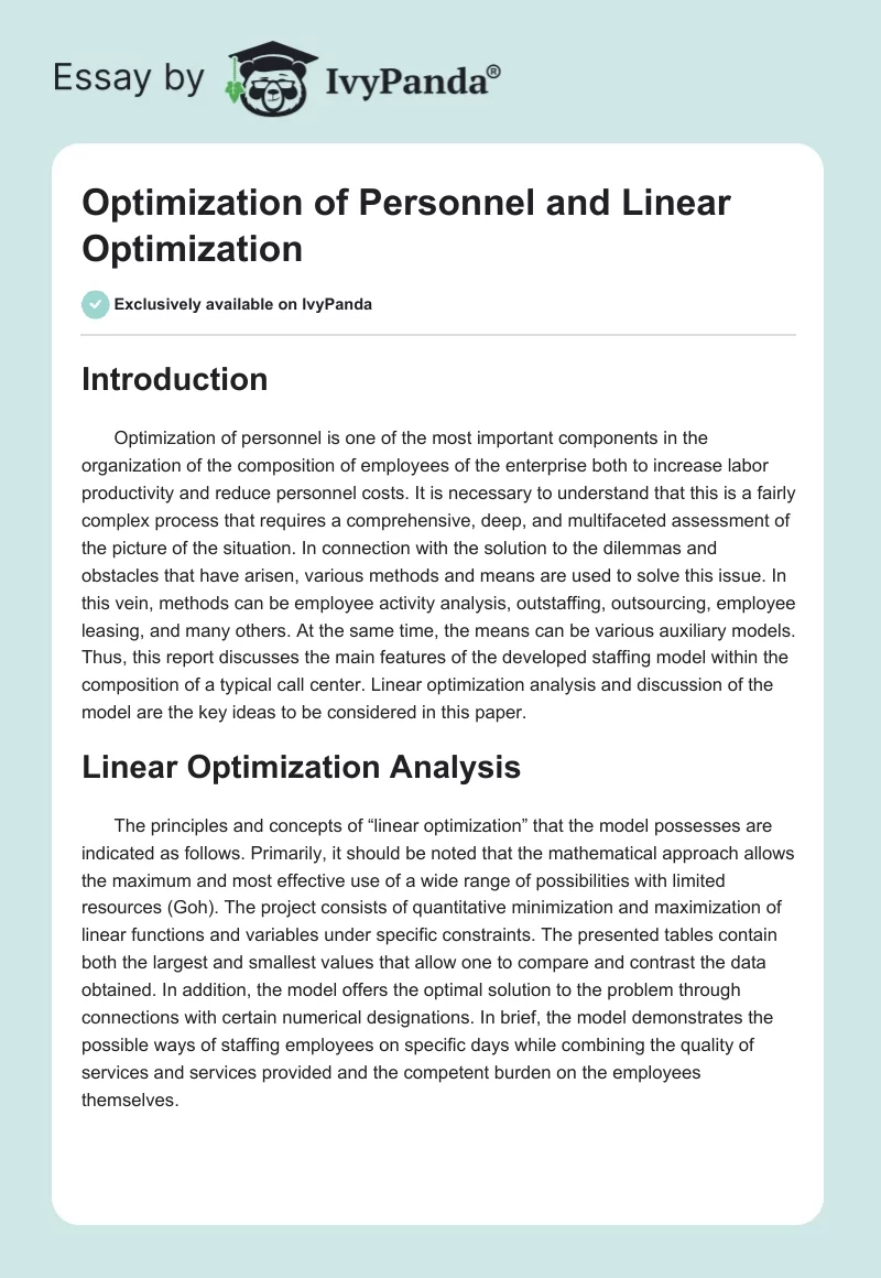 Optimization of Personnel and Linear Optimization. Page 1