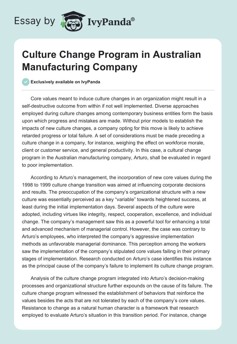 Culture Change Program in Australian Manufacturing Company. Page 1
