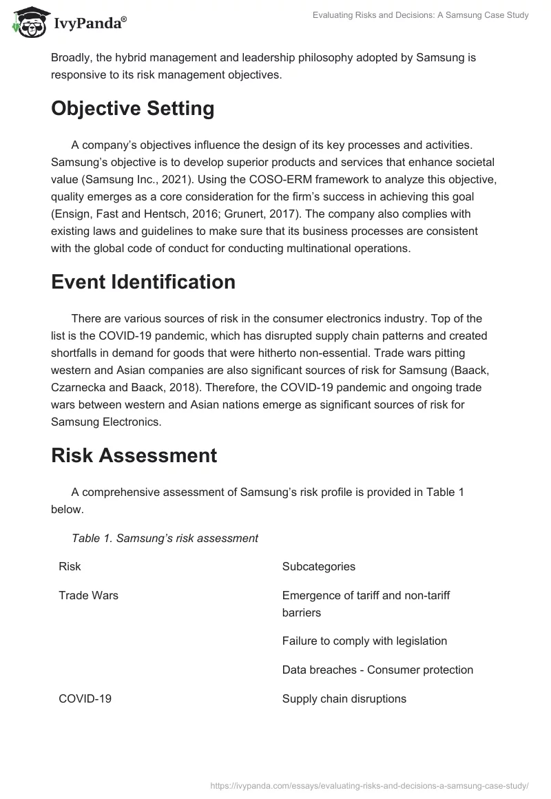 Evaluating Risks and Decisions: A Samsung Case Study. Page 3