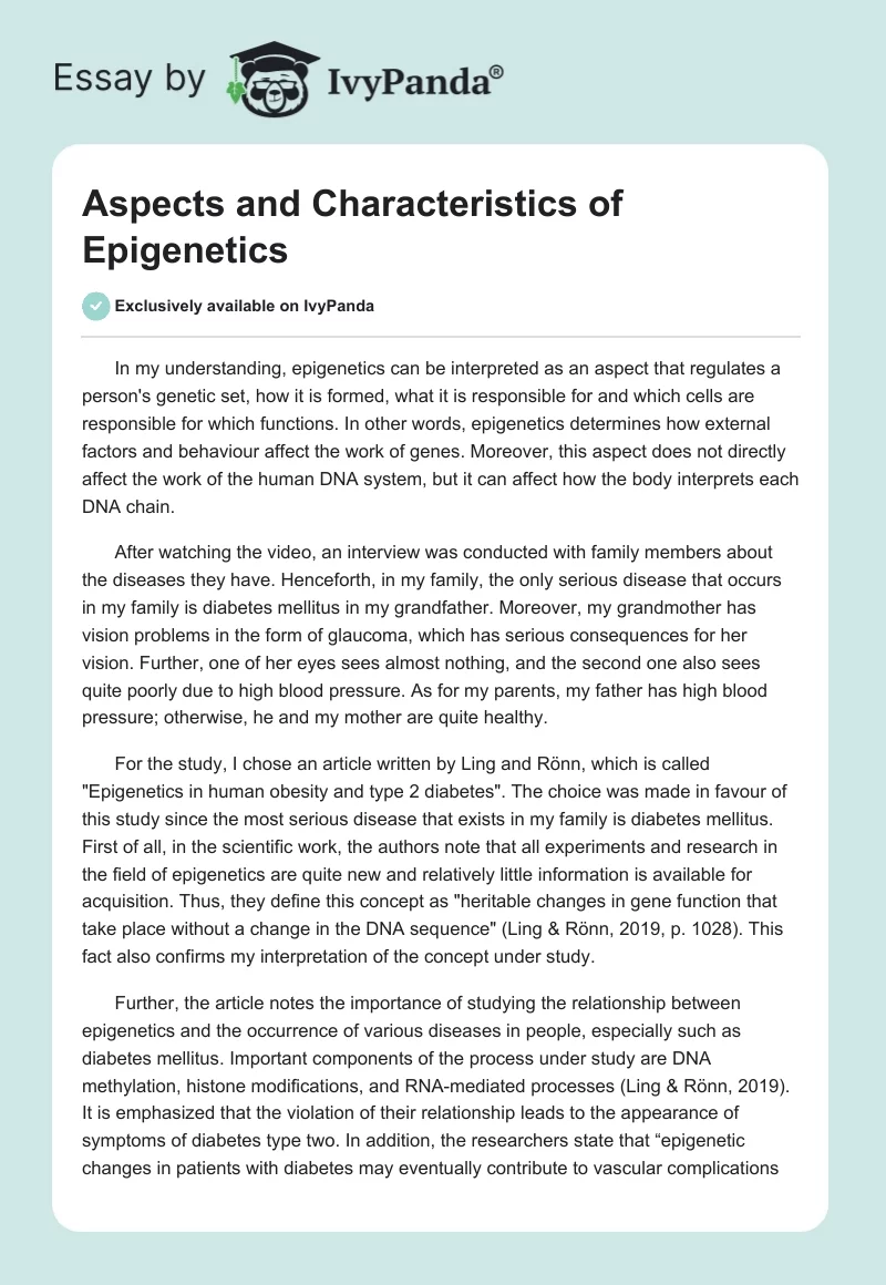 Aspects and Characteristics of Epigenetics. Page 1