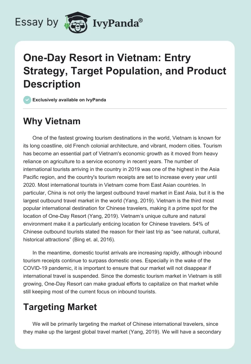 One-Day Resort in Vietnam: Entry Strategy, Target Population, and Product Description. Page 1