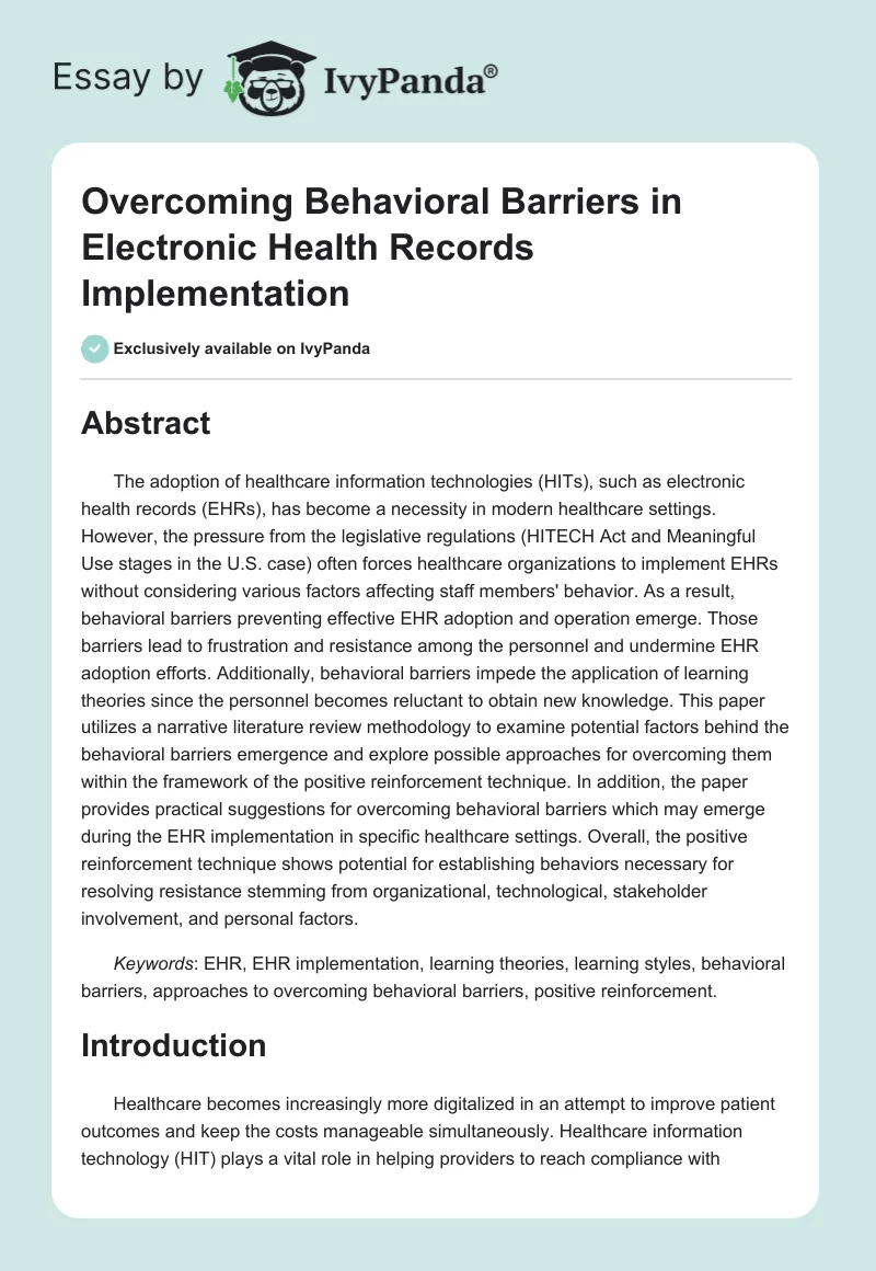 Overcoming Behavioral Barriers in Electronic Health Records Implementation. Page 1