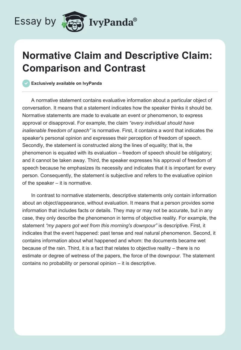 Normative Claim and Descriptive Claim: Comparison and Contrast. Page 1