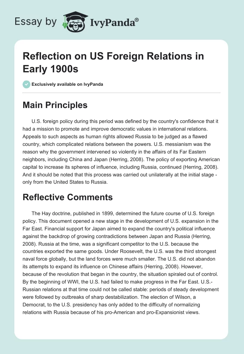 Reflection on US Foreign Relations in Early 1900s. Page 1