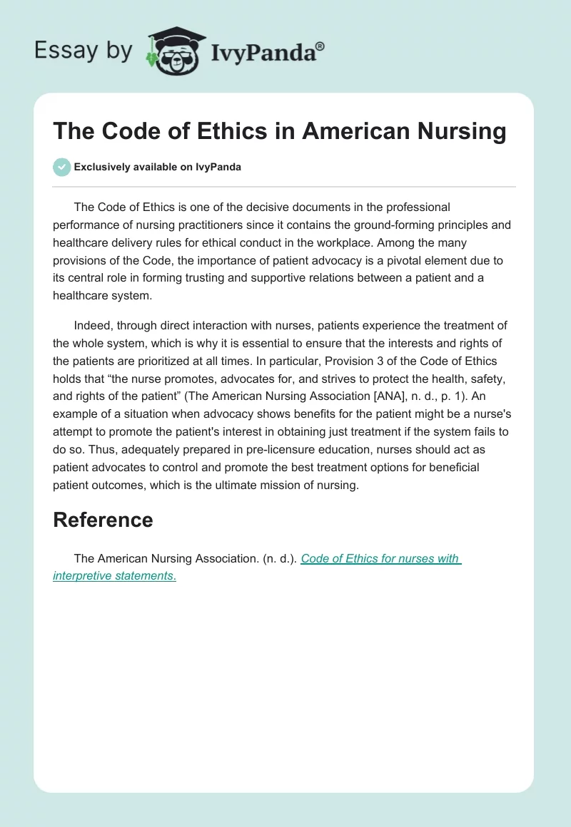 The Code of Ethics in American Nursing. Page 1