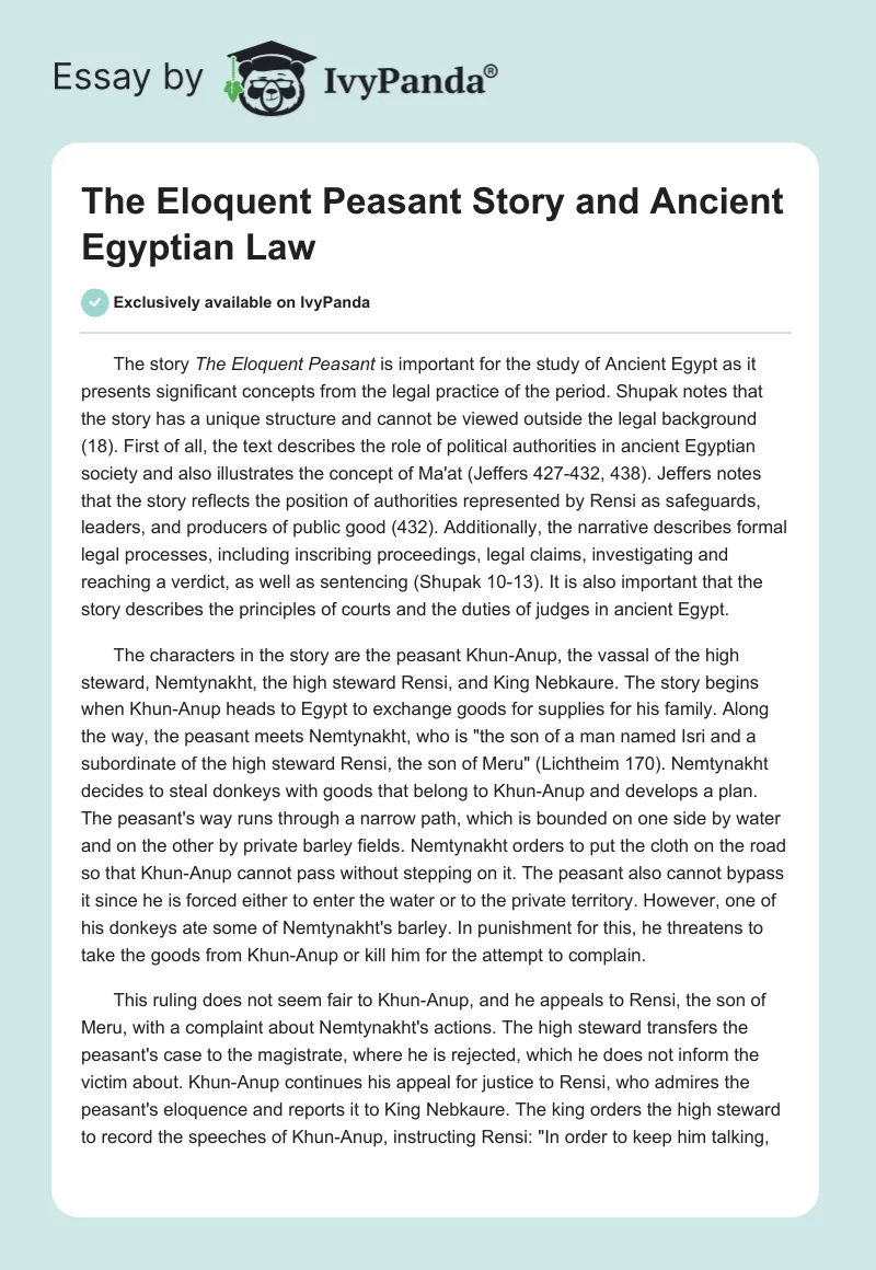 The Eloquent Peasant Story and Ancient Egyptian Law. Page 1