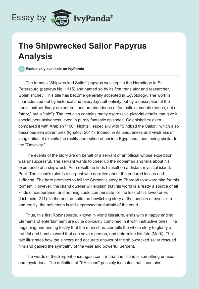 The Shipwrecked Sailor Papyrus Analysis. Page 1