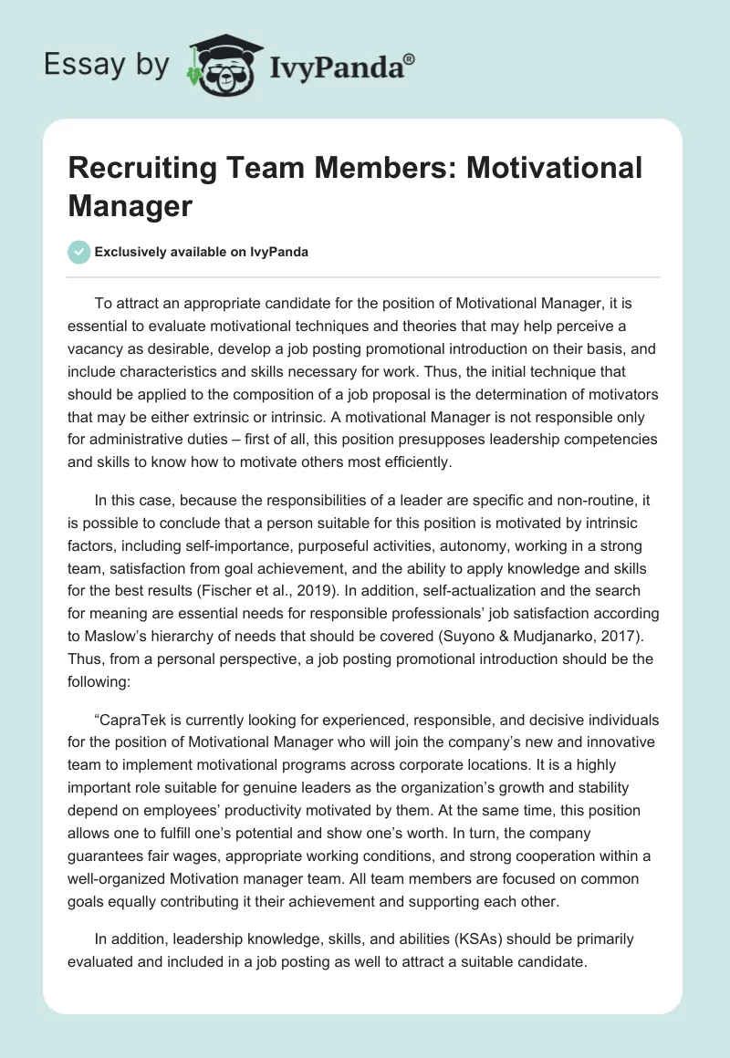 Recruiting Team Members: Motivational Manager. Page 1