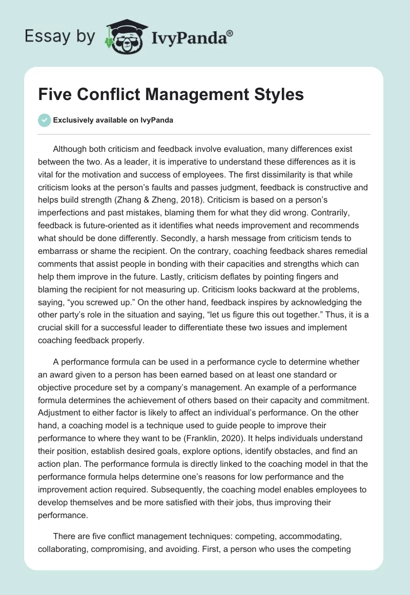 Five Conflict Management Styles. Page 1
