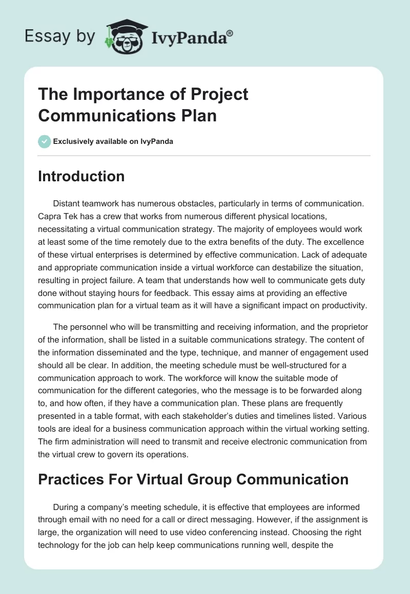 The Importance of Project Communications Plan. Page 1