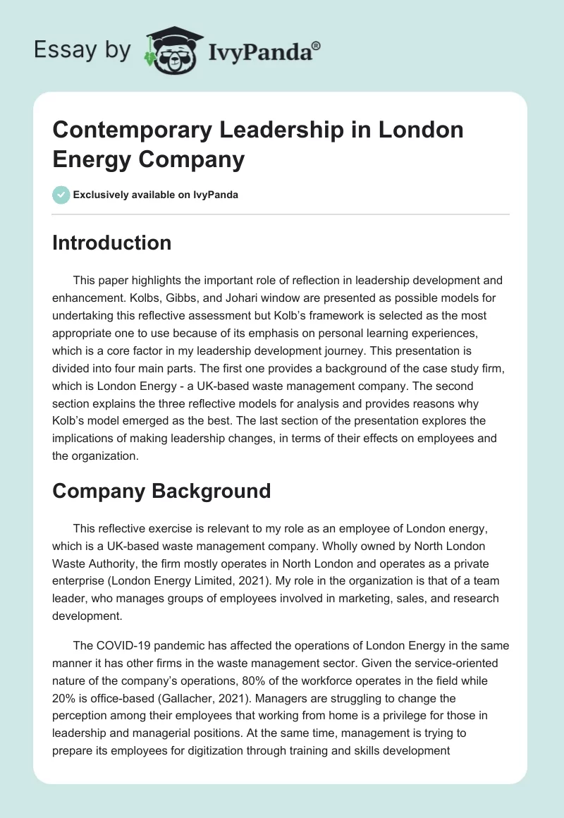 Contemporary Leadership in London Energy Company. Page 1
