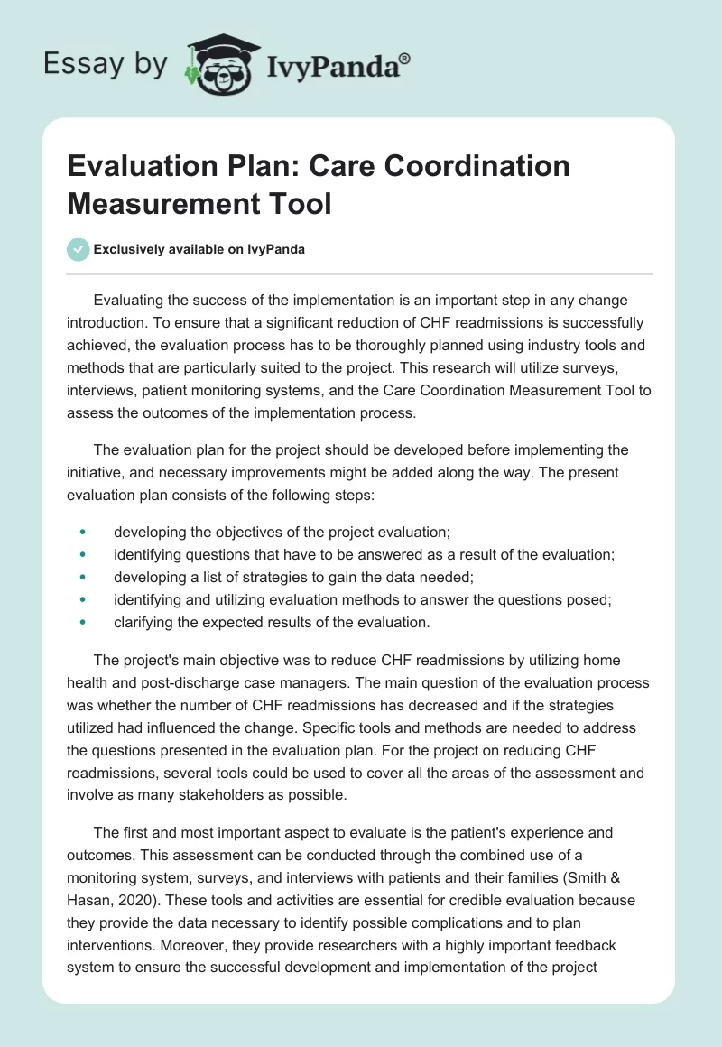 Evaluation Plan: Care Coordination Measurement Tool. Page 1