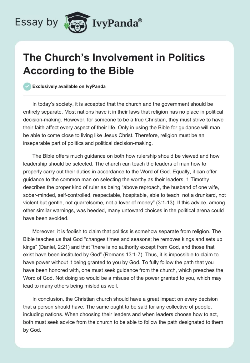 The Church’s Involvement in Politics According to the Bible. Page 1