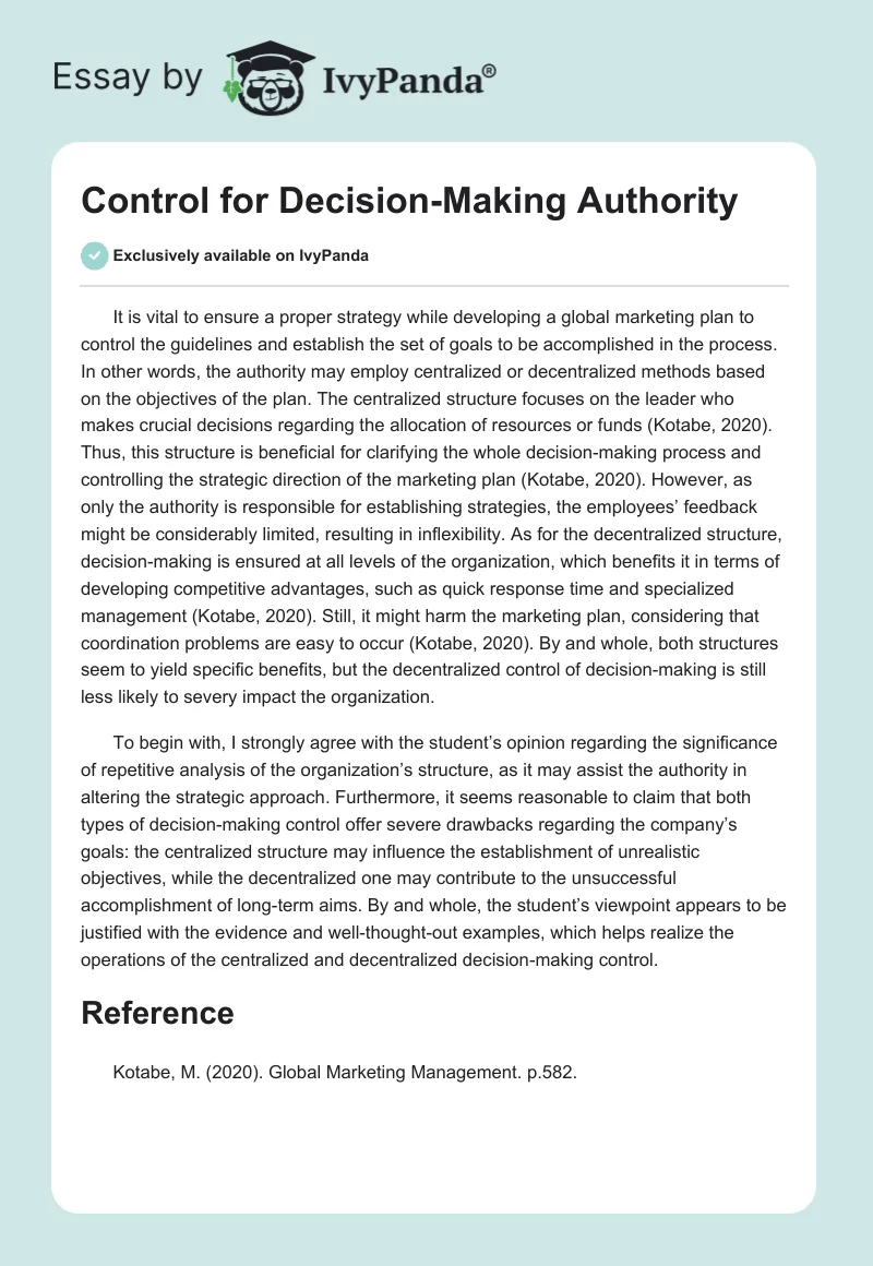 Control for Decision-Making Authority. Page 1