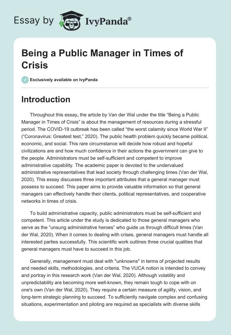 Being a Public Manager in Times of Crisis. Page 1