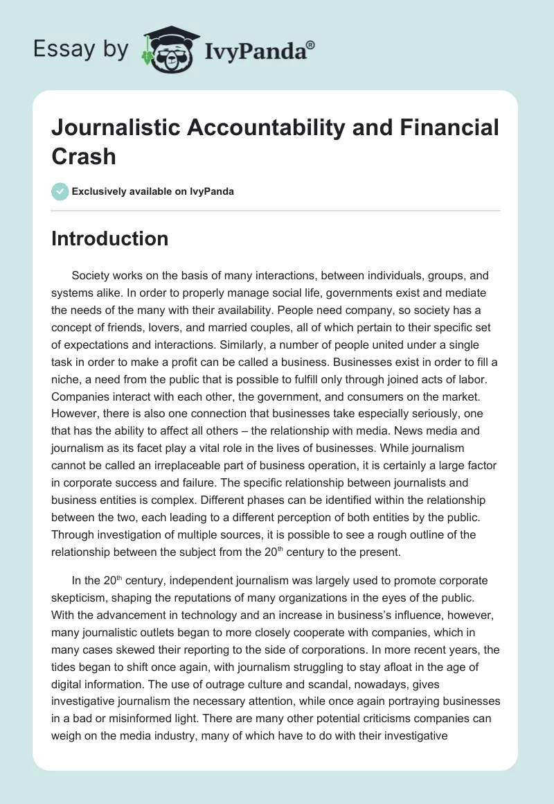 Journalistic Accountability and Financial Crash. Page 1