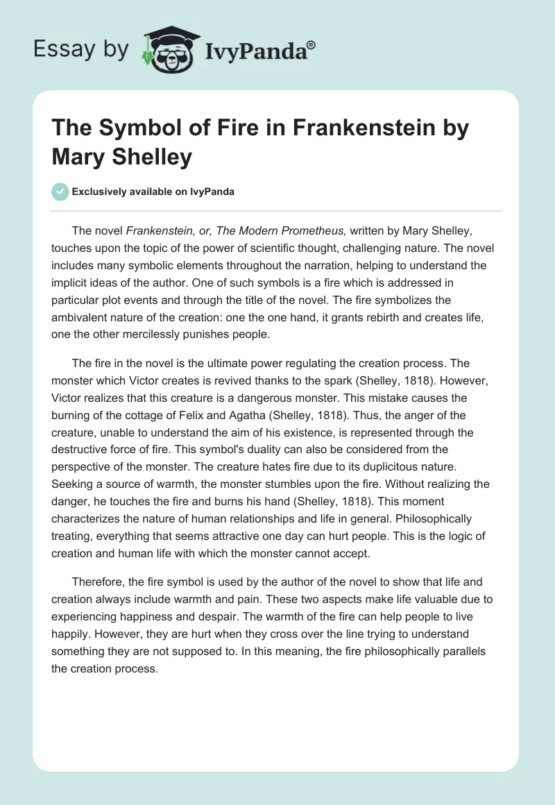 The Symbol of Fire in Frankenstein by Mary Shelley. Page 1
