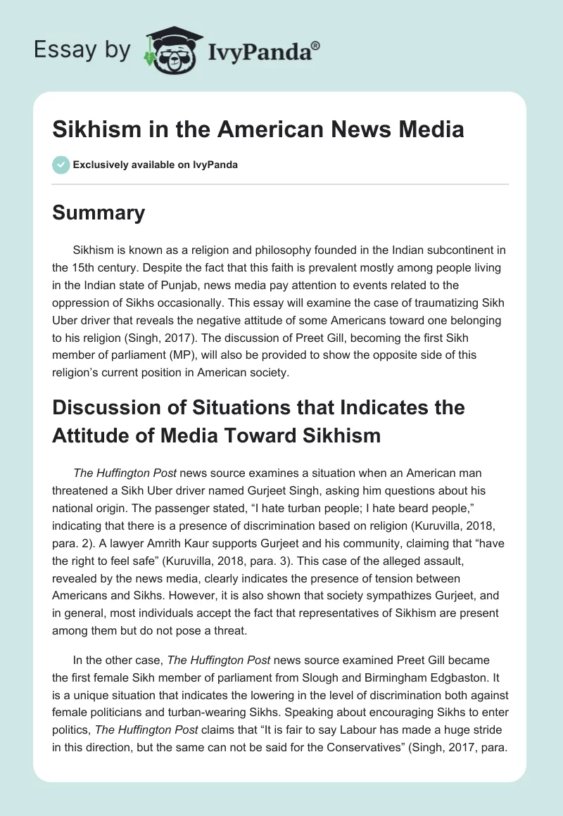 Sikhism in the American News Media. Page 1