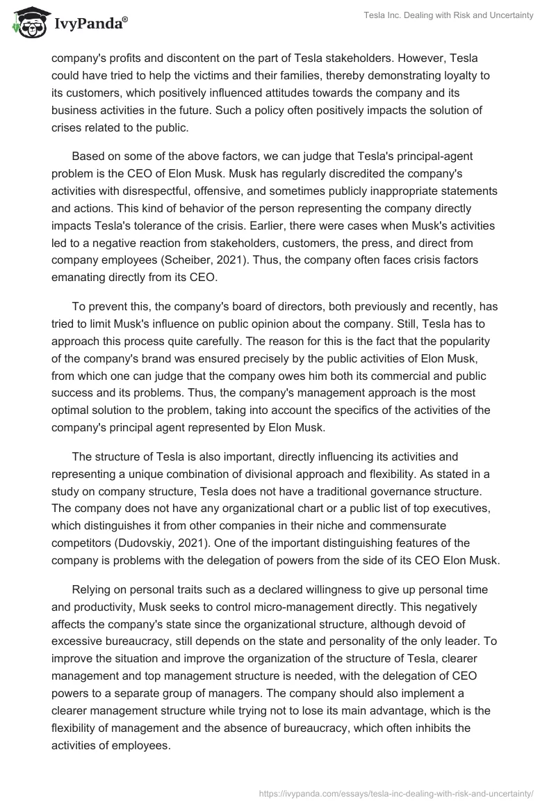 Tesla Inc. Dealing with Risk and Uncertainty. Page 4