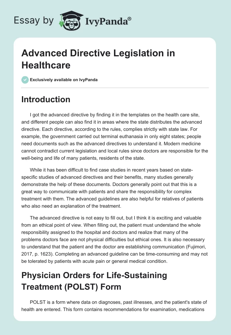 Advanced Directive Legislation in Healthcare. Page 1