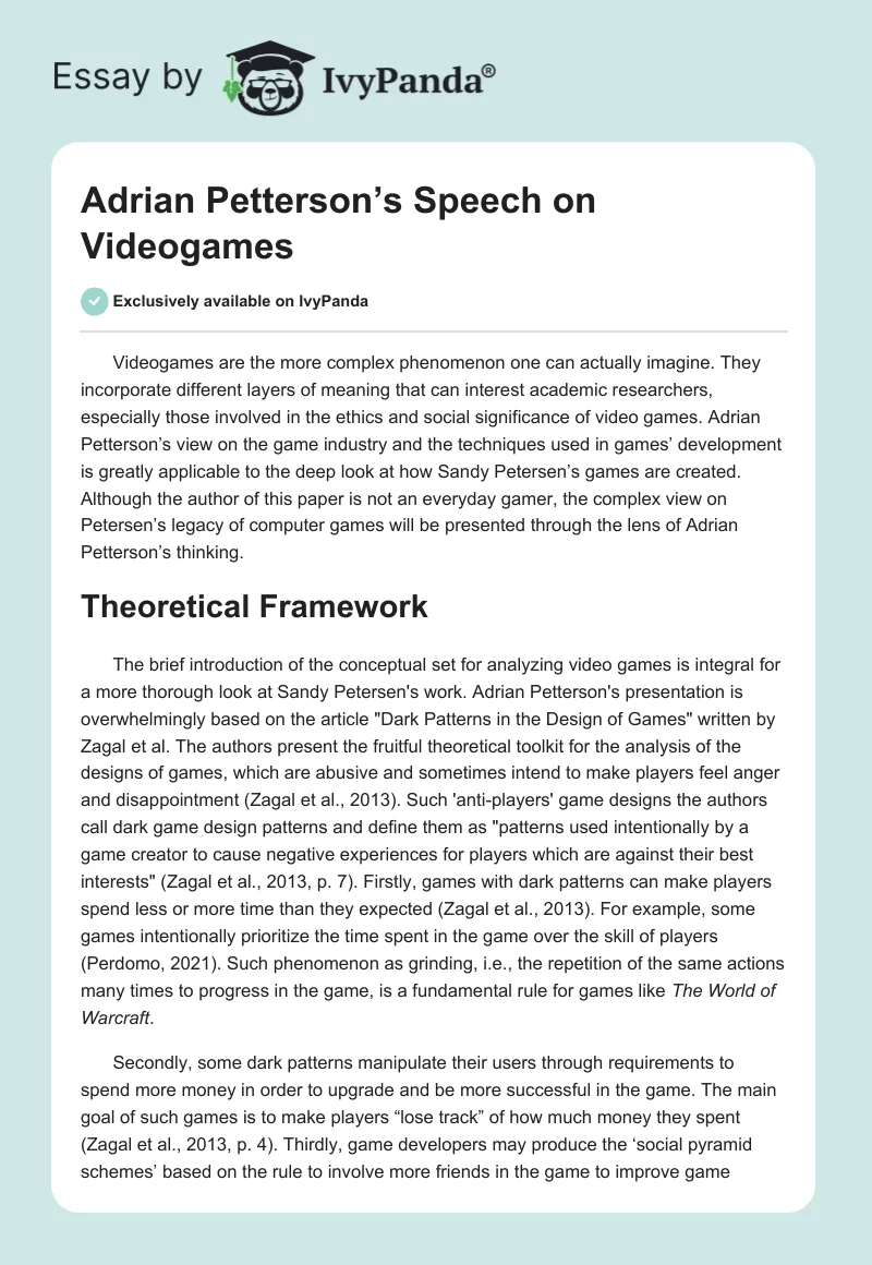 Adrian Petterson’s Speech on Videogames. Page 1