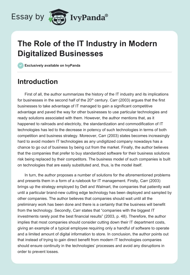 The Role of the IT Industry in Modern Digitalized Businesses. Page 1