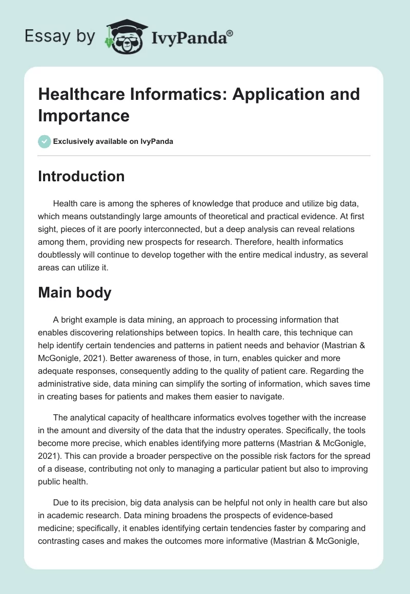 Healthcare Informatics: Application and Importance. Page 1