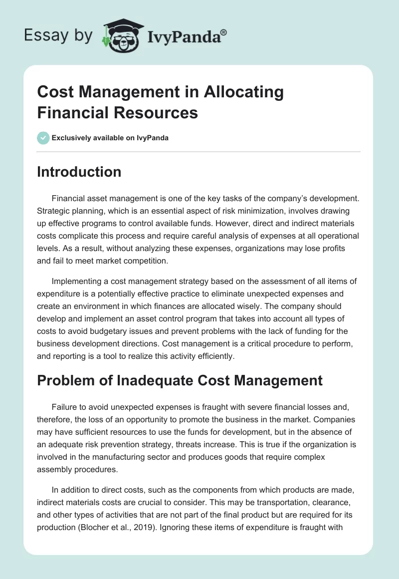 Cost Management in Allocating Financial Resources. Page 1