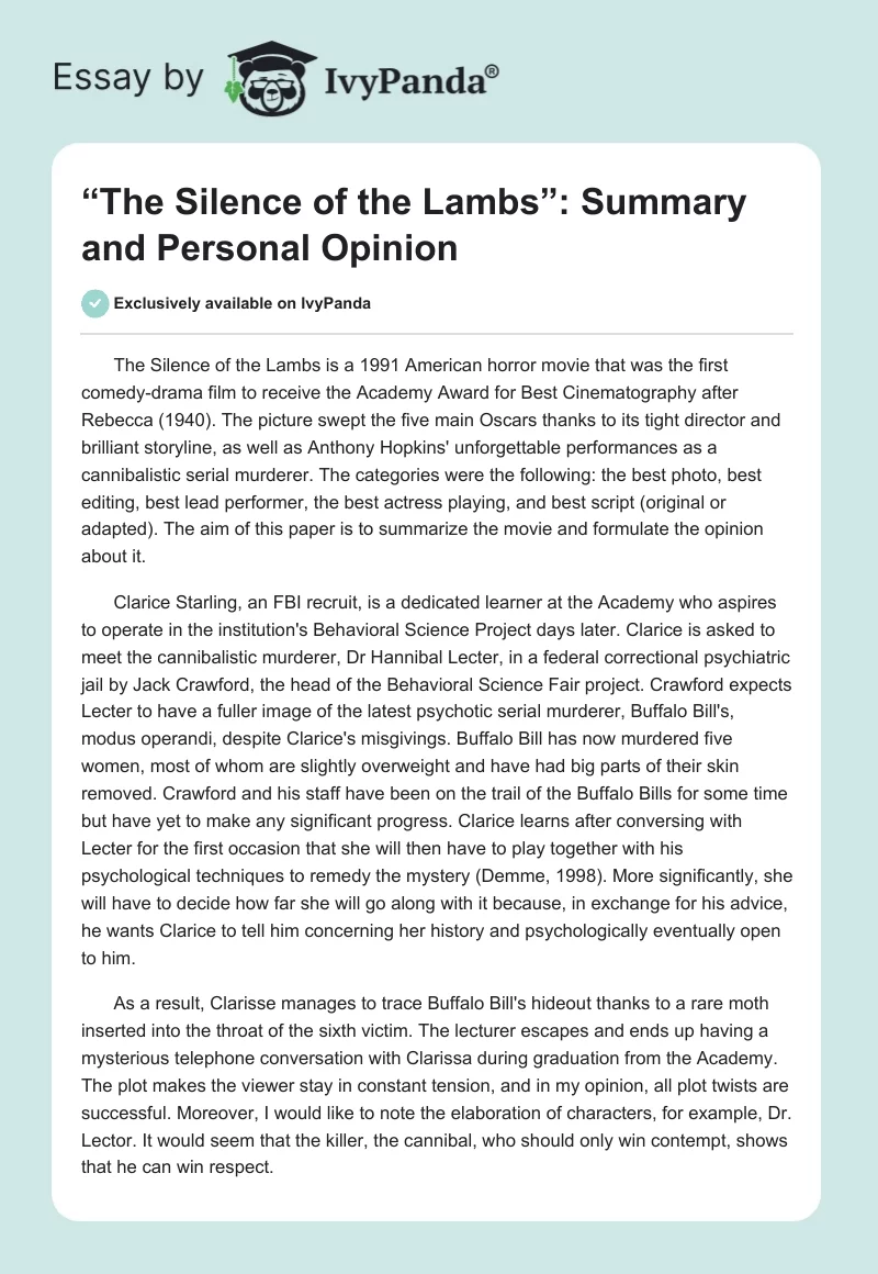 “The Silence of the Lambs”: Summary and Personal Opinion. Page 1