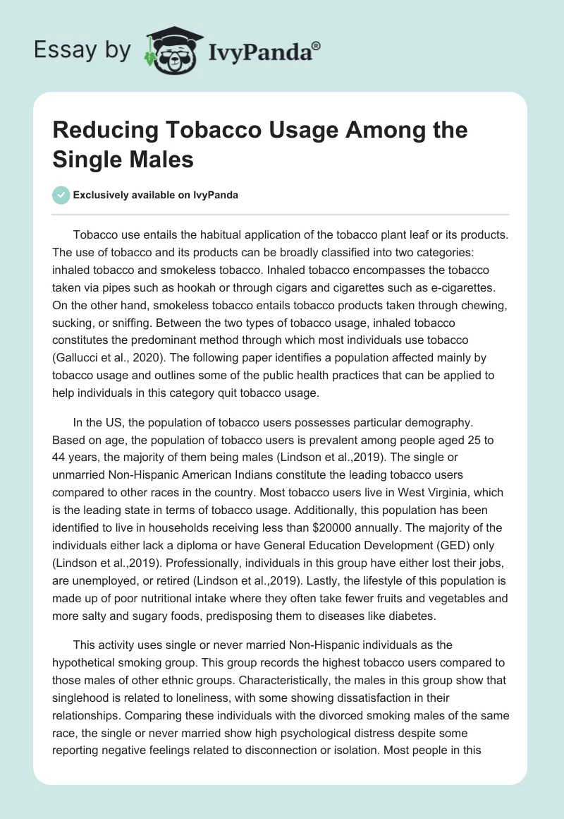 Reducing Tobacco Usage Among the Single Males. Page 1