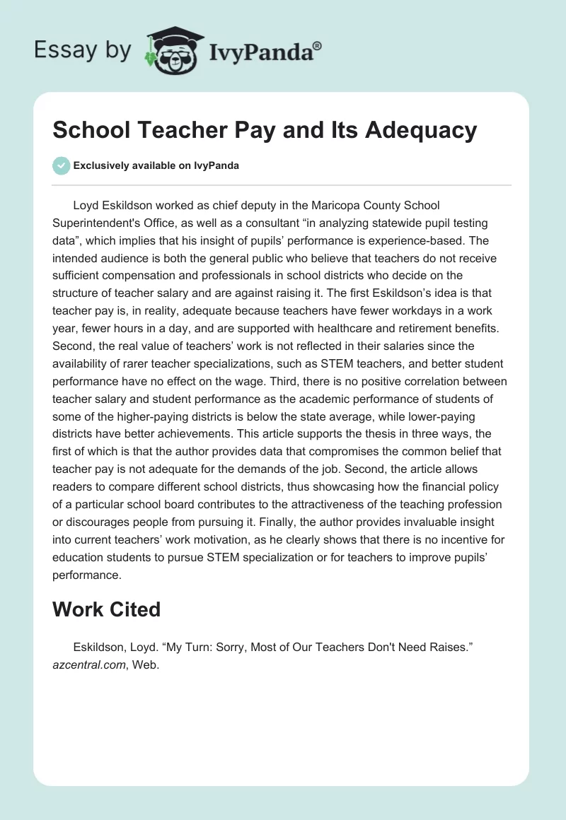 School Teacher Pay and Its Adequacy. Page 1