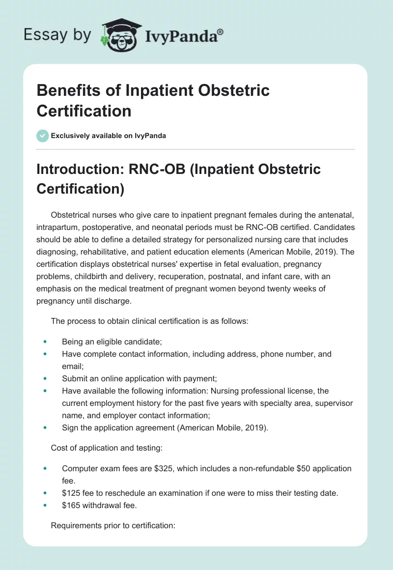 Benefits of Inpatient Obstetric Certification. Page 1
