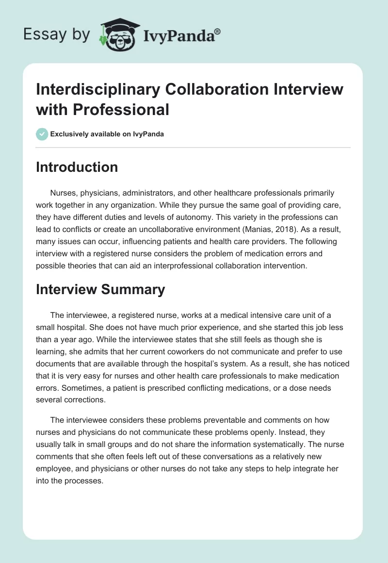Interdisciplinary Collaboration Interview With Professional. Page 1