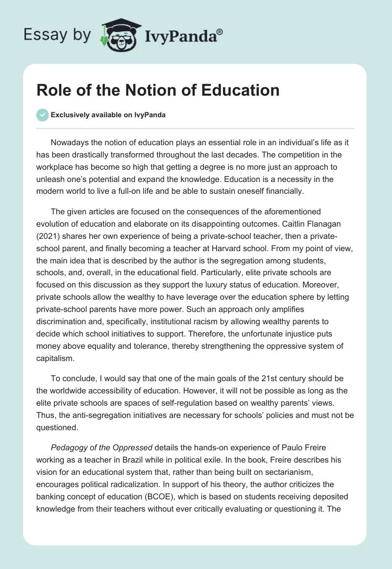 Role of the Notion of Education. Page 1