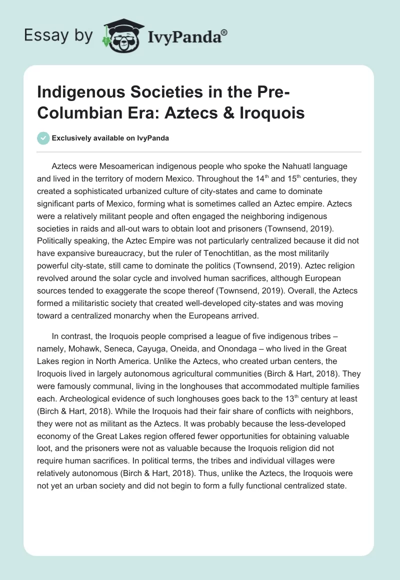 Indigenous Societies in the Pre-Columbian Era: Aztecs & Iroquois. Page 1