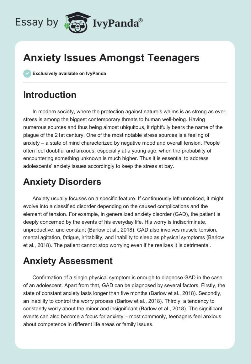 Anxiety Issues Amongst Teenagers. Page 1