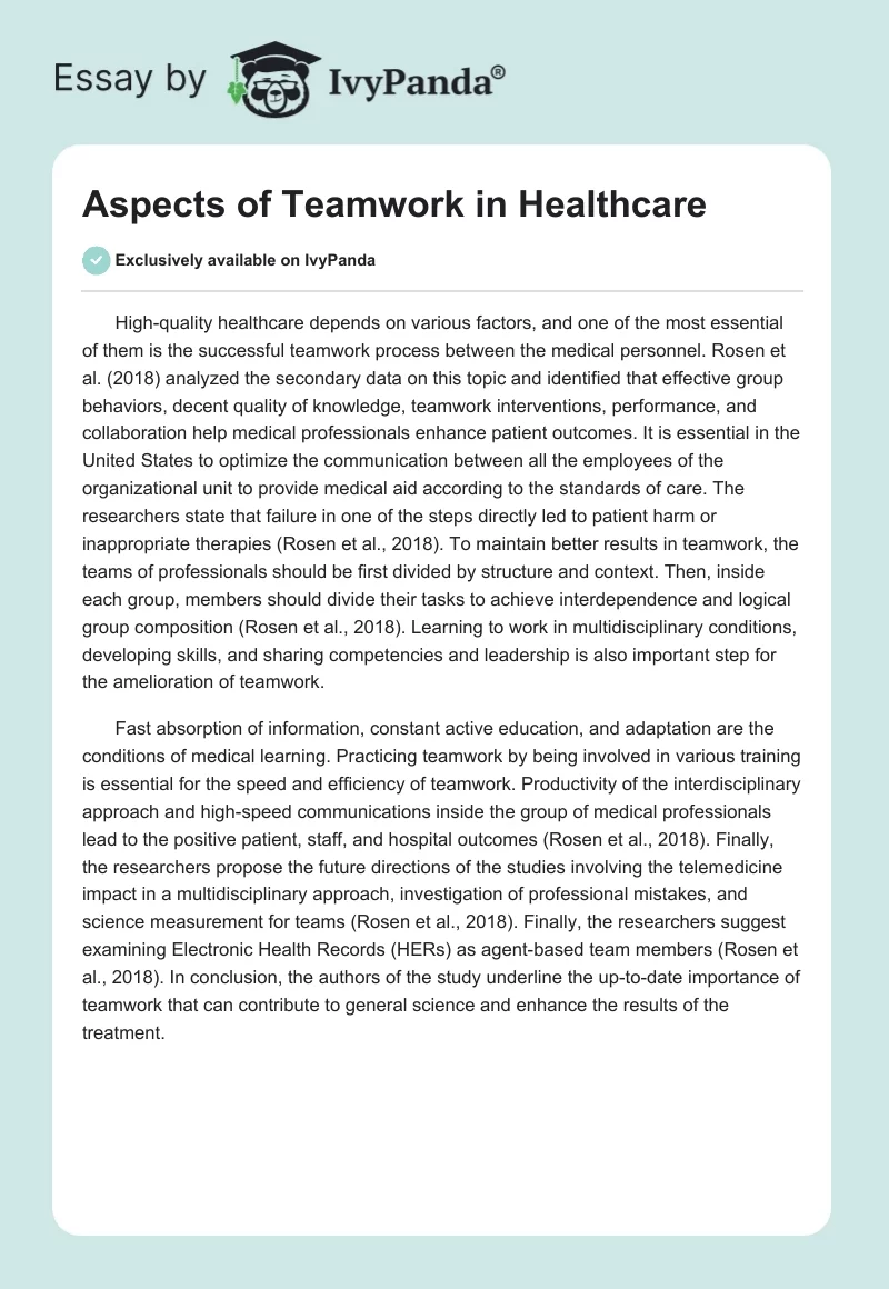 Aspects of Teamwork in Healthcare. Page 1