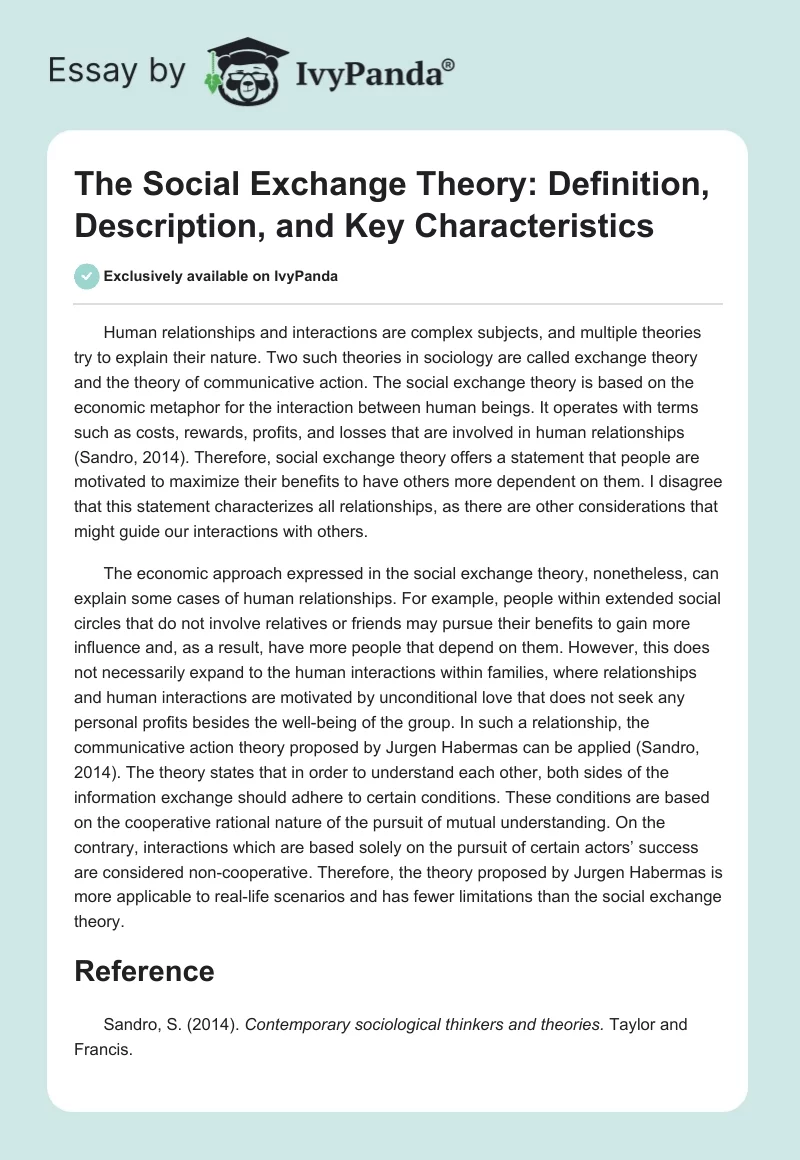 The Social Exchange Theory: Definition, Description, and Key Characteristics. Page 1