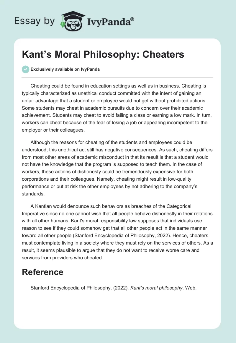 Kant’s Moral Philosophy: Cheaters. Page 1