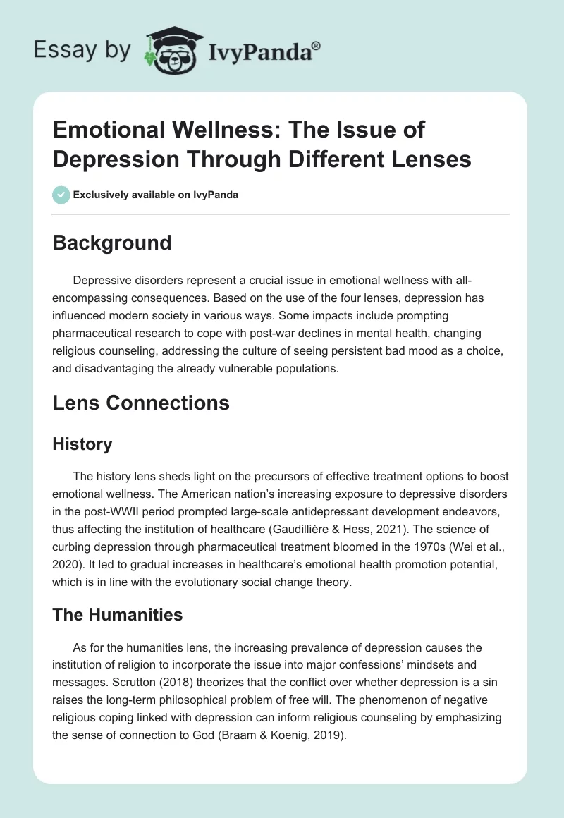 Emotional Wellness: The Issue of Depression Through Different Lenses. Page 1