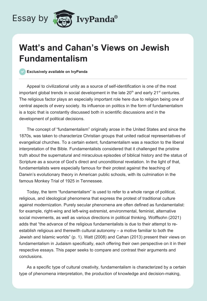 Watt’s and Cahan’s Views on Jewish Fundamentalism. Page 1