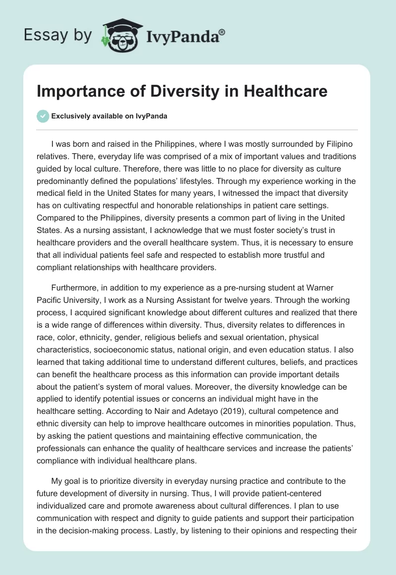 Importance of Diversity in Healthcare. Page 1