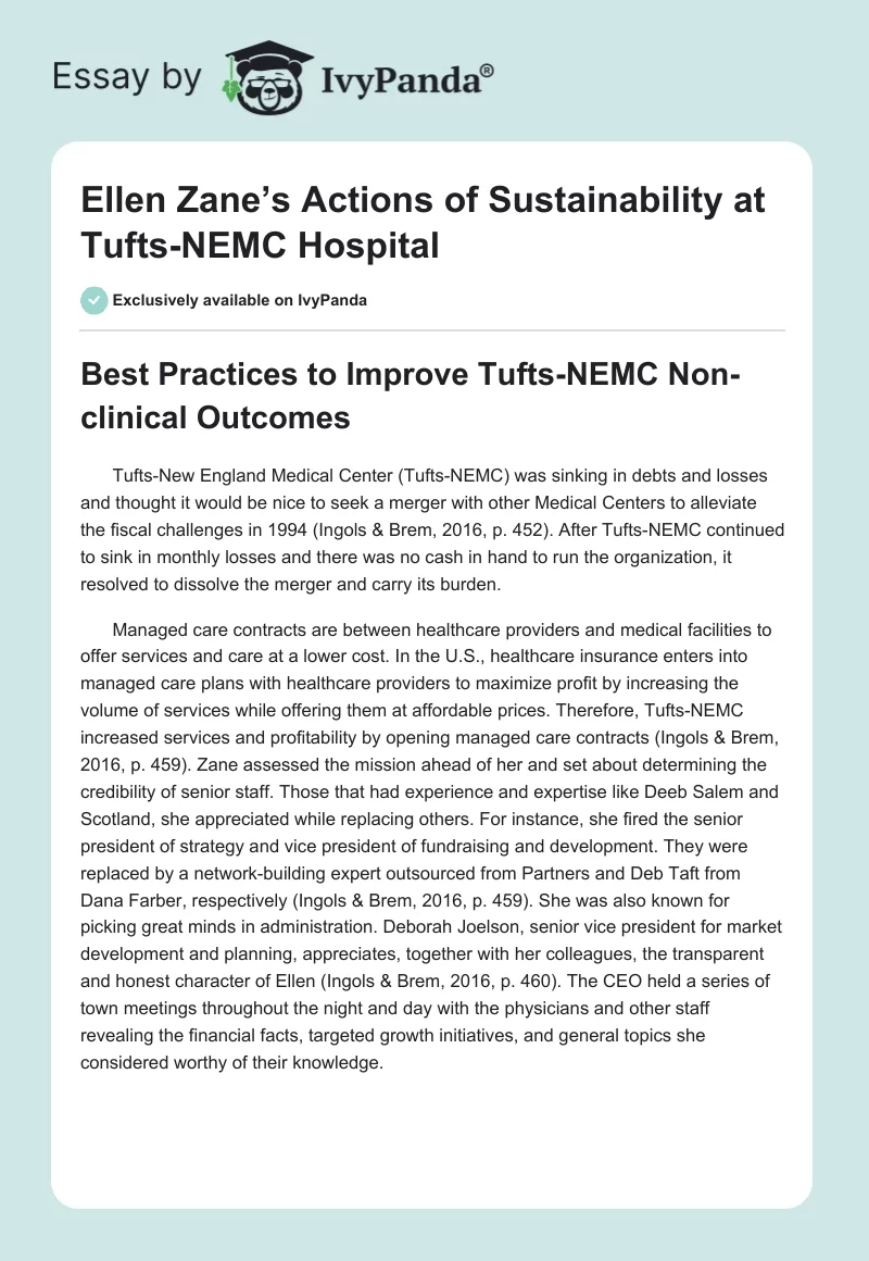 Ellen Zane’s Actions of Sustainability at Tufts-NEMC Hospital. Page 1