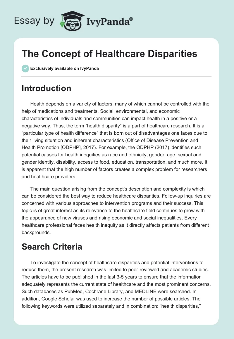 The Concept of Healthcare Disparities. Page 1