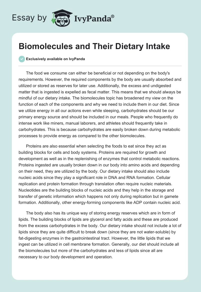 Biomolecules and Their Dietary Intake. Page 1