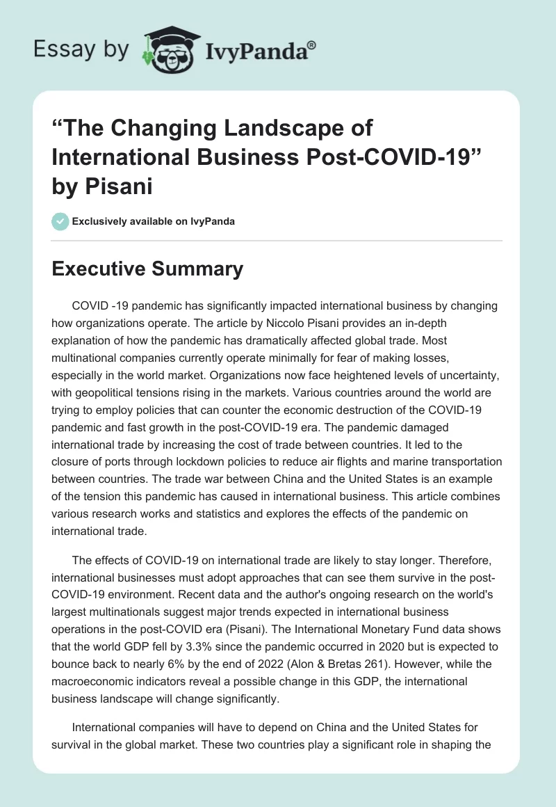 “The Changing Landscape of International Business Post-COVID-19” by Pisani. Page 1