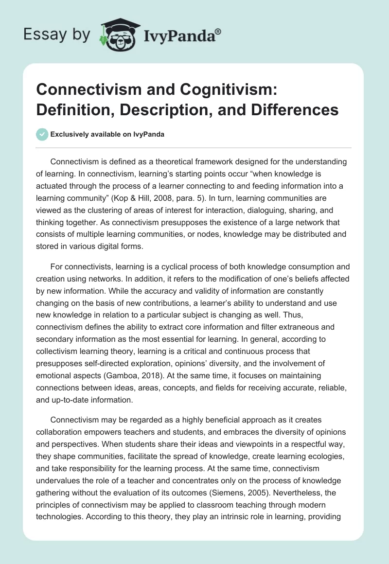 Connectivism and Cognitivism: Definition, Description, and Differences. Page 1