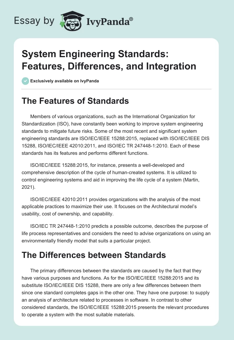 System Engineering Standards: Features, Differences, and Integration. Page 1