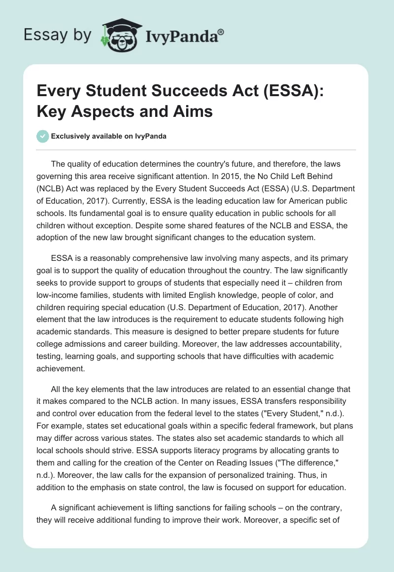 Every Student Succeeds Act (ESSA): Key Aspects and Aims. Page 1